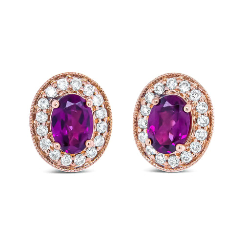 14K Rose Gold 7x5mm Oval Cut Garnet and 3/8 Cttw Round Diamond Halo Stud Earrings (G-H Color, SI1-SI2 Clarity) WEM Support (www.WEM.support)