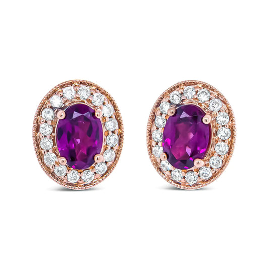 14K Rose Gold 7x5mm Oval Cut Garnet and 3/8 Cttw Round Diamond Halo Stud Earrings (G-H Color, SI1-SI2 Clarity) WEM Support (www.WEM.support)