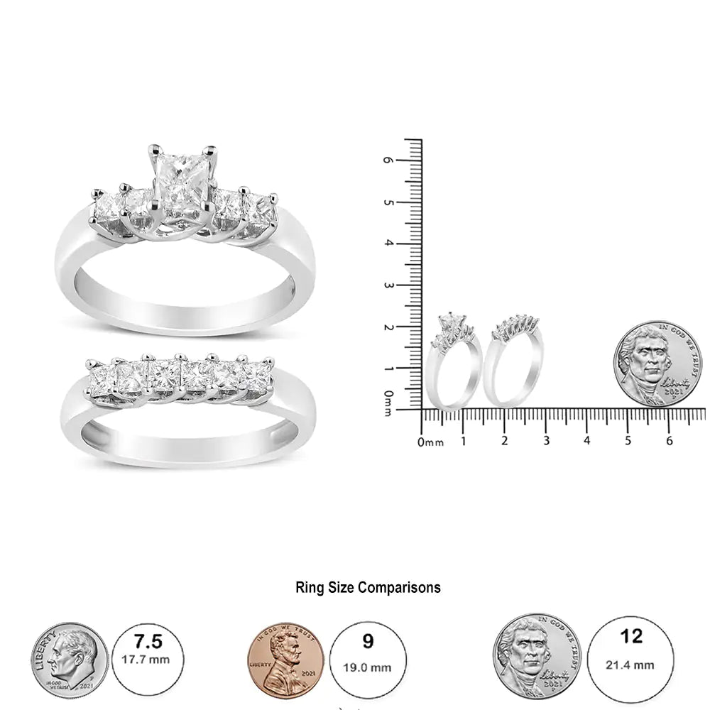 14K White Gold 1 1/2 Cttw 5 Stone Princess Diamond Engagement Wedding Ring Set (H-I Color, SI2-I1 Clarity) WEM Support (www.WEM.support)