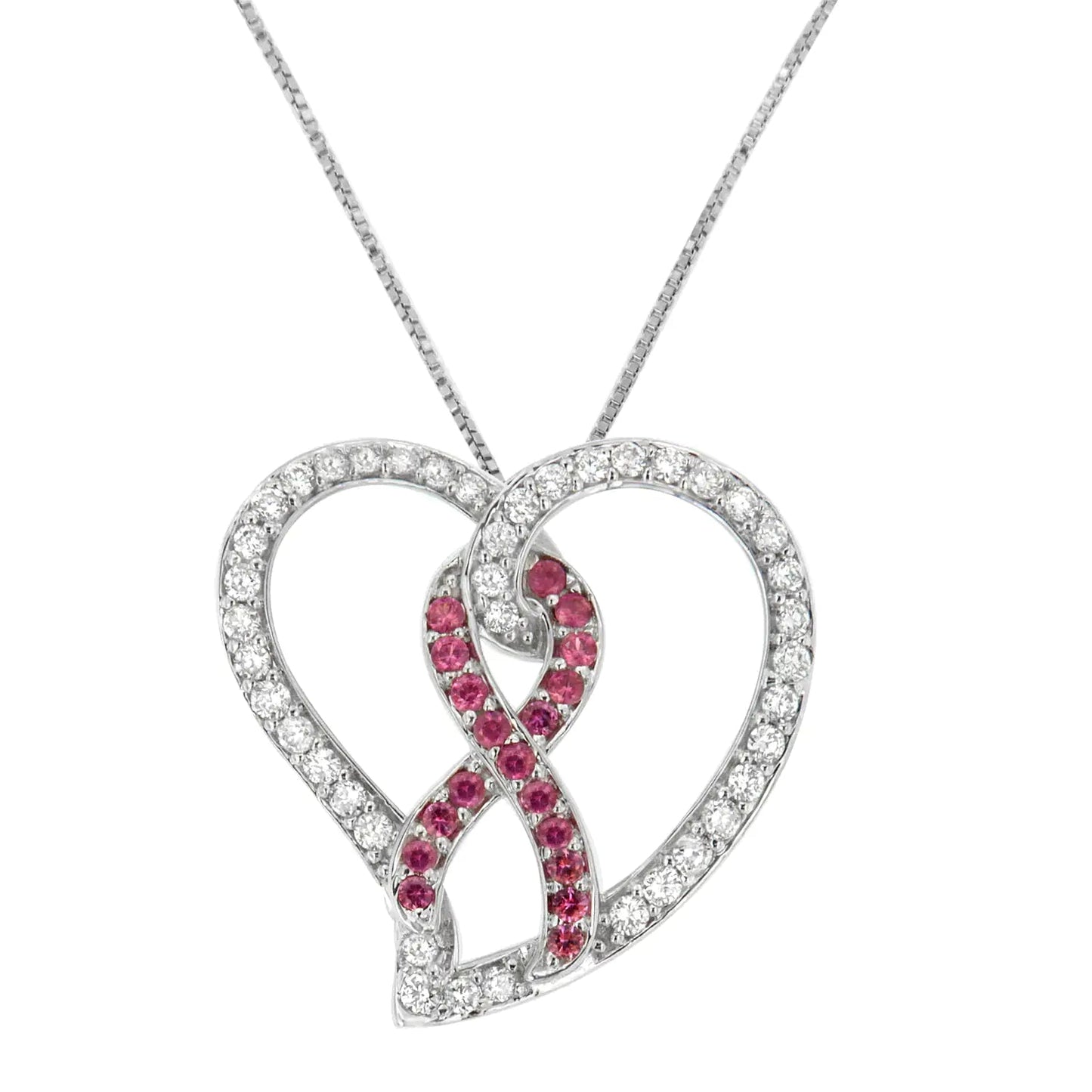 14K White Gold 3/4 Cttw White Diamond Awareness Ribbon & Open Heart 18" Pendant Necklace (H-I Color, I1-I2 Clarity) - 3/8 Cttw Created Pink Sapphire Ribbon WEM Support (www.WEM.support)