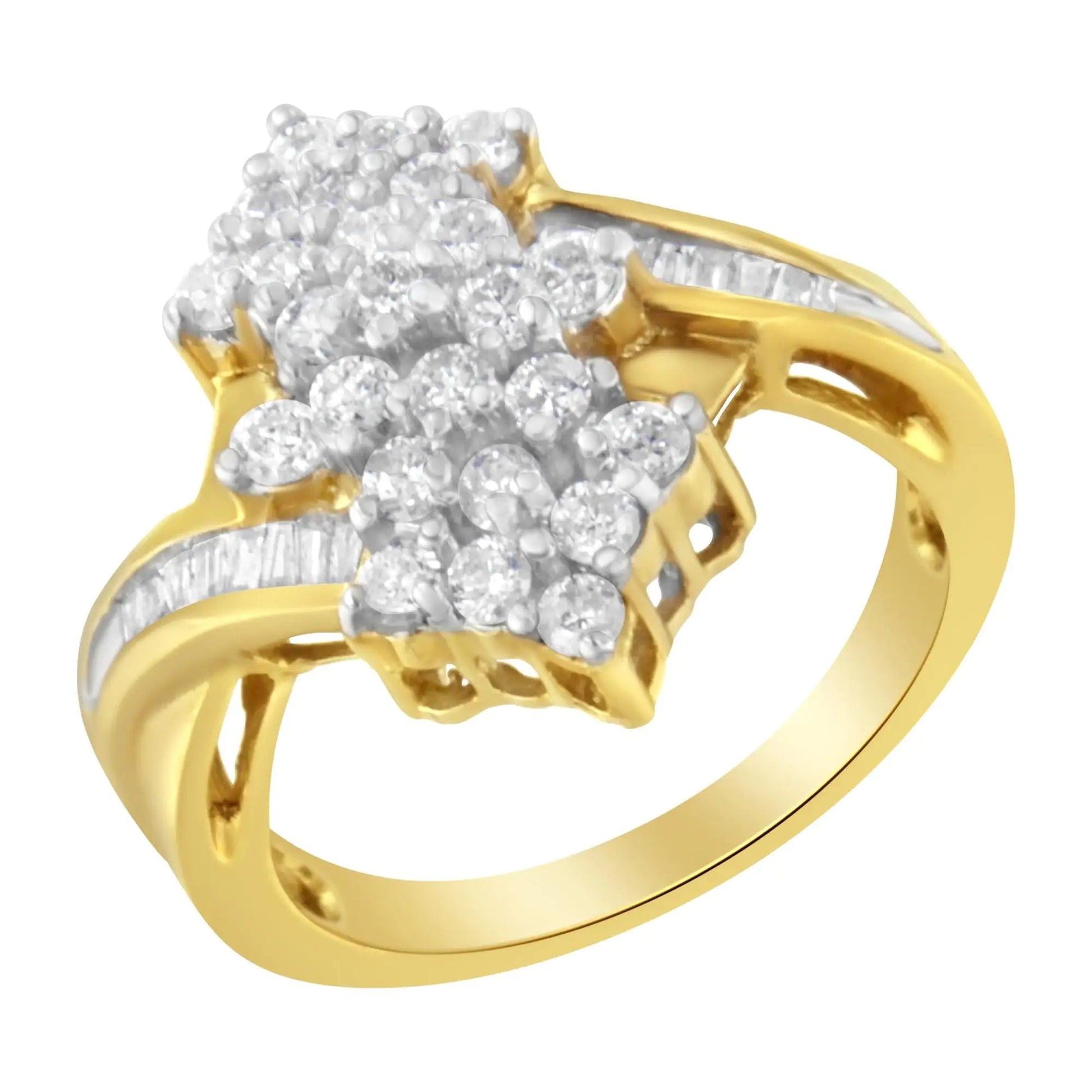 10K Yellow Gold Round And Baguette Cut Diamond Cluster Ring (1 1/10 Cttw, H-I Color, SI2-I1 Clarity) WEM Support (www.WEM.support)