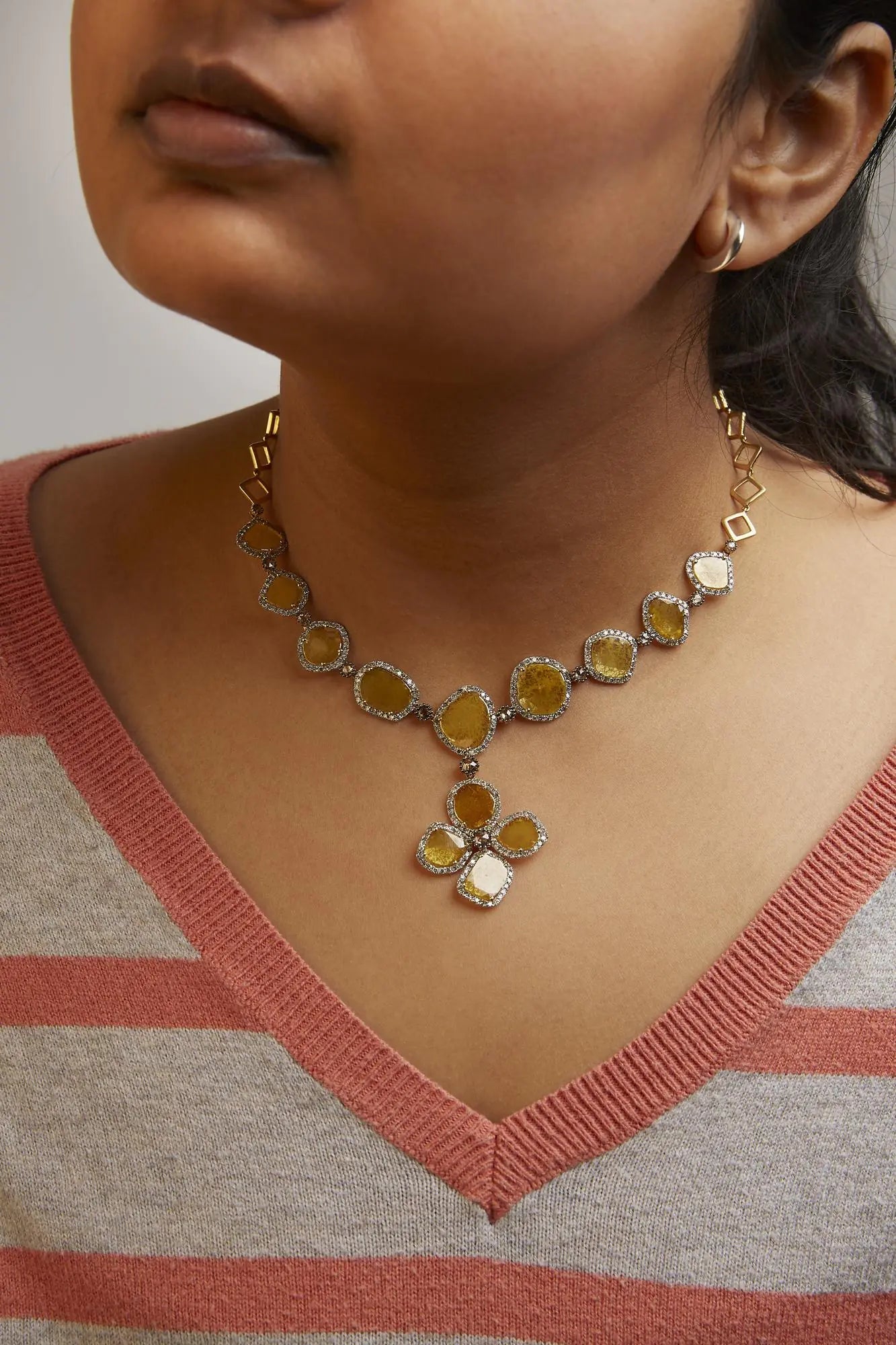 14K Yellow Gold 16 7/8 Cttw Fancy Yellow Rose Cut Diamond 16" Collar Necklace with 4 Leaf Clover Drop (Fancy Yellow/I-J Color, I1-I2 Clarity) WEM Support (www.WEM.support)