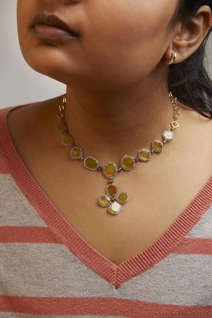 14K Yellow Gold 16 7/8 Cttw Fancy Yellow Rose Cut Diamond 16" Collar Necklace with 4 Leaf Clover Drop (Fancy Yellow/I-J Color, I1-I2 Clarity) WEM Support (www.WEM.support)