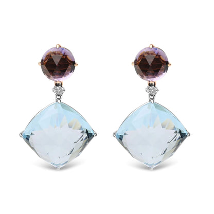 18K White and Rose Gold 1/5 Cttw Diamond with Round Pink Rose De France Amethyst and 25mm Cushion Cut Sky Blue Topaz Gemstone Dangle Earring (G-H Color, SI1-SI2 Clarity) WEM Support (www.WEM.support)