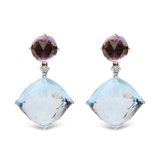 18K White and Rose Gold 1/5 Cttw Diamond with Round Pink Rose De France Amethyst and 25mm Cushion Cut Sky Blue Topaz Gemstone Dangle Earring (G-H Color, SI1-SI2 Clarity) WEM Support (www.WEM.support)
