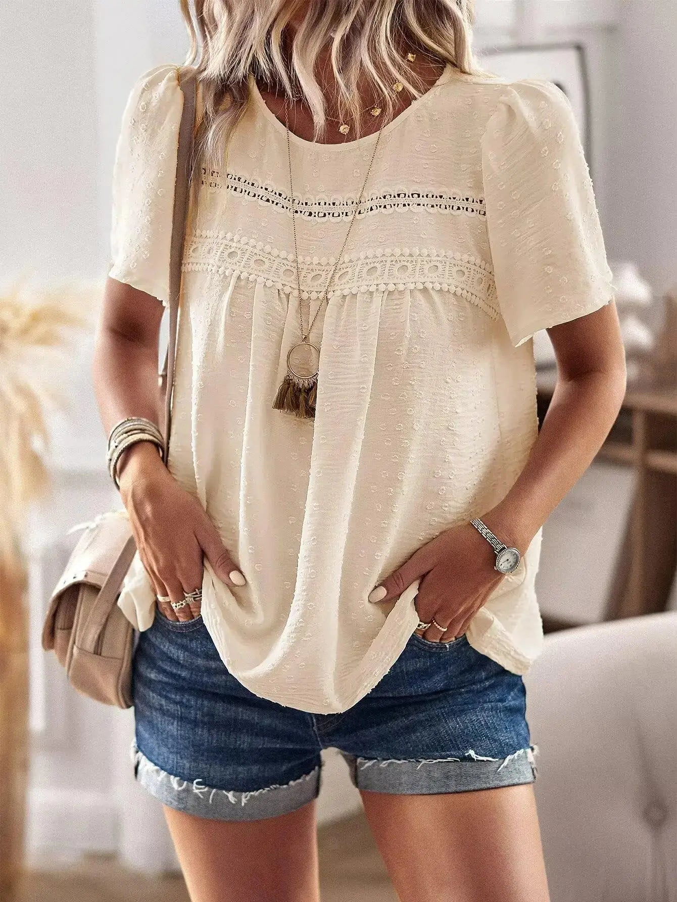 Womens Summer Tops Crewneck Short Sleeve Shirts Casual Chiffon Blouses Flowy Lace Hem Boho Clothing Trendy 2024 XX-Large Apricot My Store