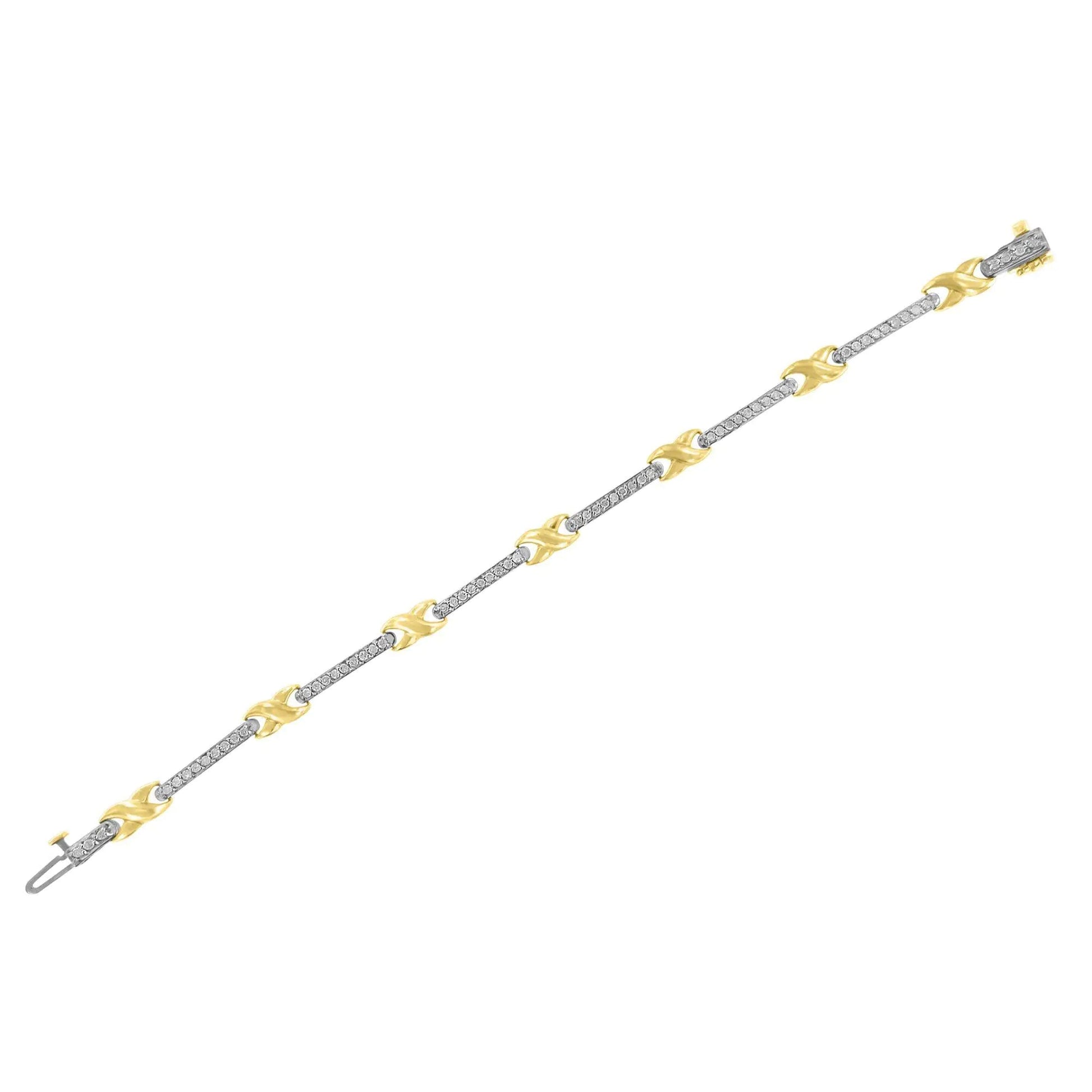 10K Yellow Gold 1.00 Cttw Pave Set Diamond Bar and  X-Link 7" Bracelet (I-J Color, I3 Quality) WEM Support (www.WEM.support)