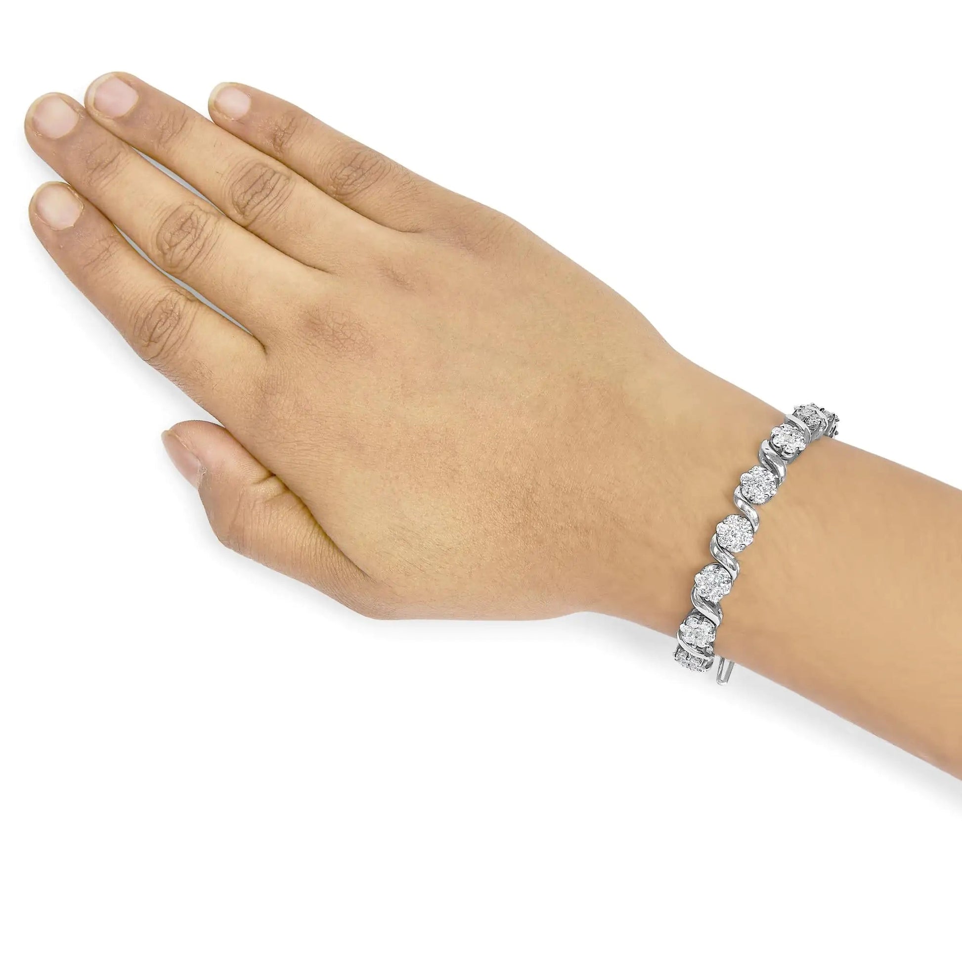 14K White Gold 7 3/8 Cttw Round Brilliant Diamond Floral Cluster and S Link Bracelet (H-I Color, SI2-I1 Clarity) - 7" Inches WEM Support (www.WEM.support)