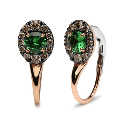 18K Rose and White Gold 3/8 Cttw Round Brown Diamonds and Round Green Tsavorite Gemstone Halo Drop Hoop Earrings (Brown Color, SI1-SI2 Clarity) WEM Support (www.WEM.support)