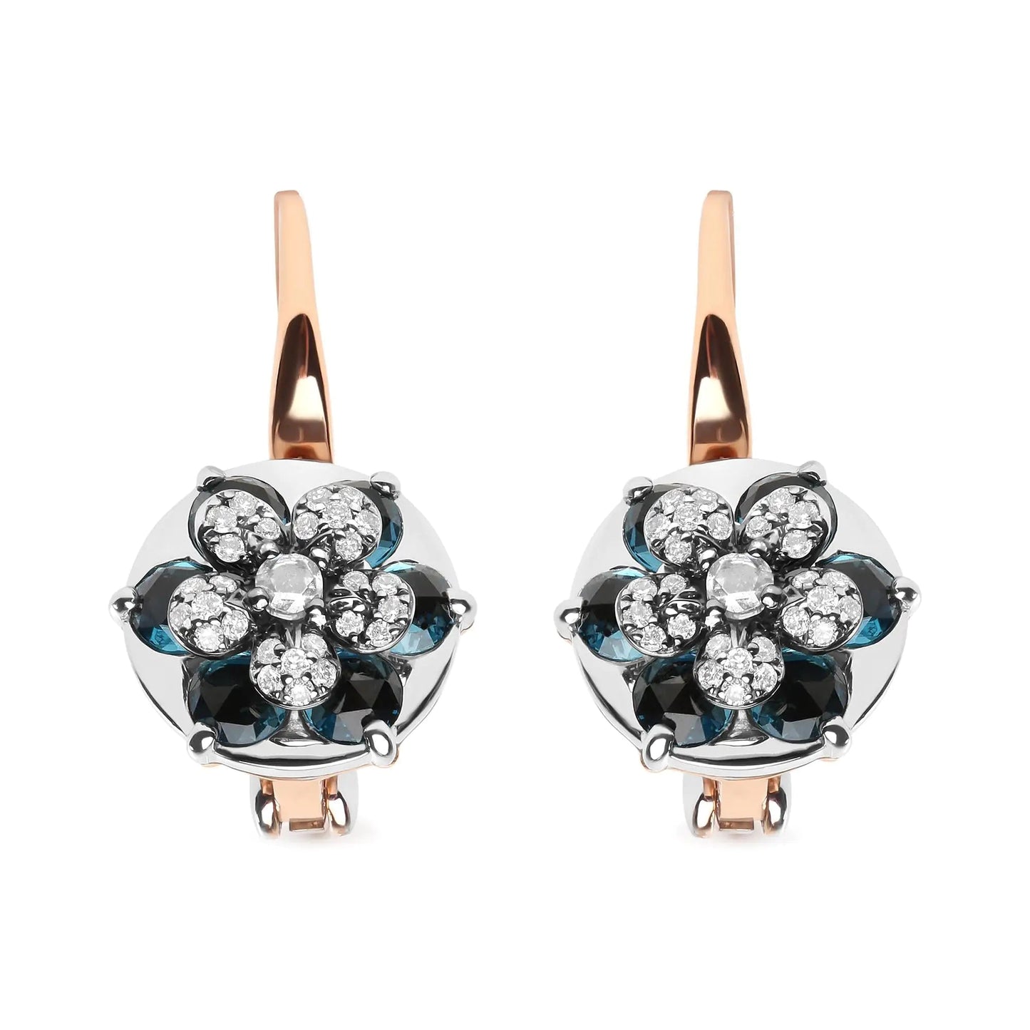 18K Rose and White Gold 1/3 Cttw Round Diamonds and Round London Blue Topaz Gemstone Cluster Floral Drop Hoop Earrings (G-H Color, SI1-SI2 Clarity) WEM Support (www.WEM.support)