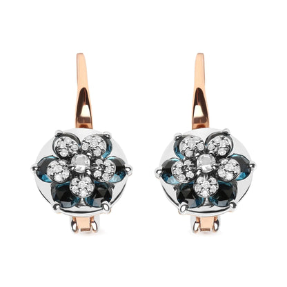18K Rose and White Gold 1/3 Cttw Round Diamonds and Round London Blue Topaz Gemstone Cluster Floral Drop Hoop Earrings (G-H Color, SI1-SI2 Clarity) WEM Support (www.WEM.support)