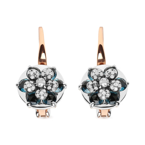 18K Rose and White Gold 1/3 Cttw Round Diamonds and Round London Blue Topaz Gemstone Cluster Floral Drop Hoop Earrings (G-H Color, SI1-SI2 Clarity) WEM Support (www.WEM.support)
