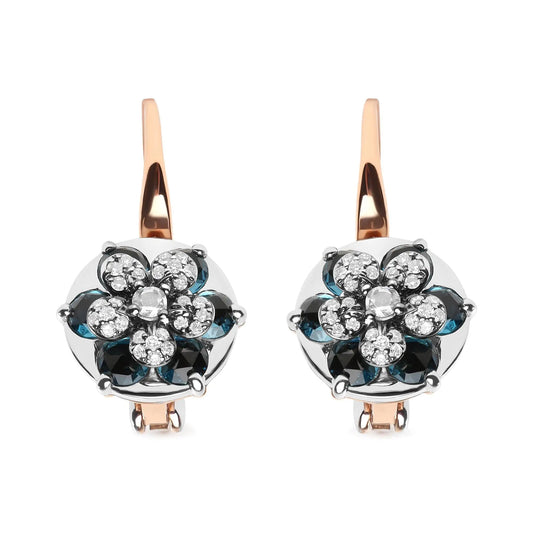 18K Rose and White Gold 1/3 Cttw Round Diamonds and Round London Blue Topaz Gemstone Cluster Floral Drop Hoop Earrings (G-H Color, SI1-SI2 Clarity) WEM Support (www.WEM.support)