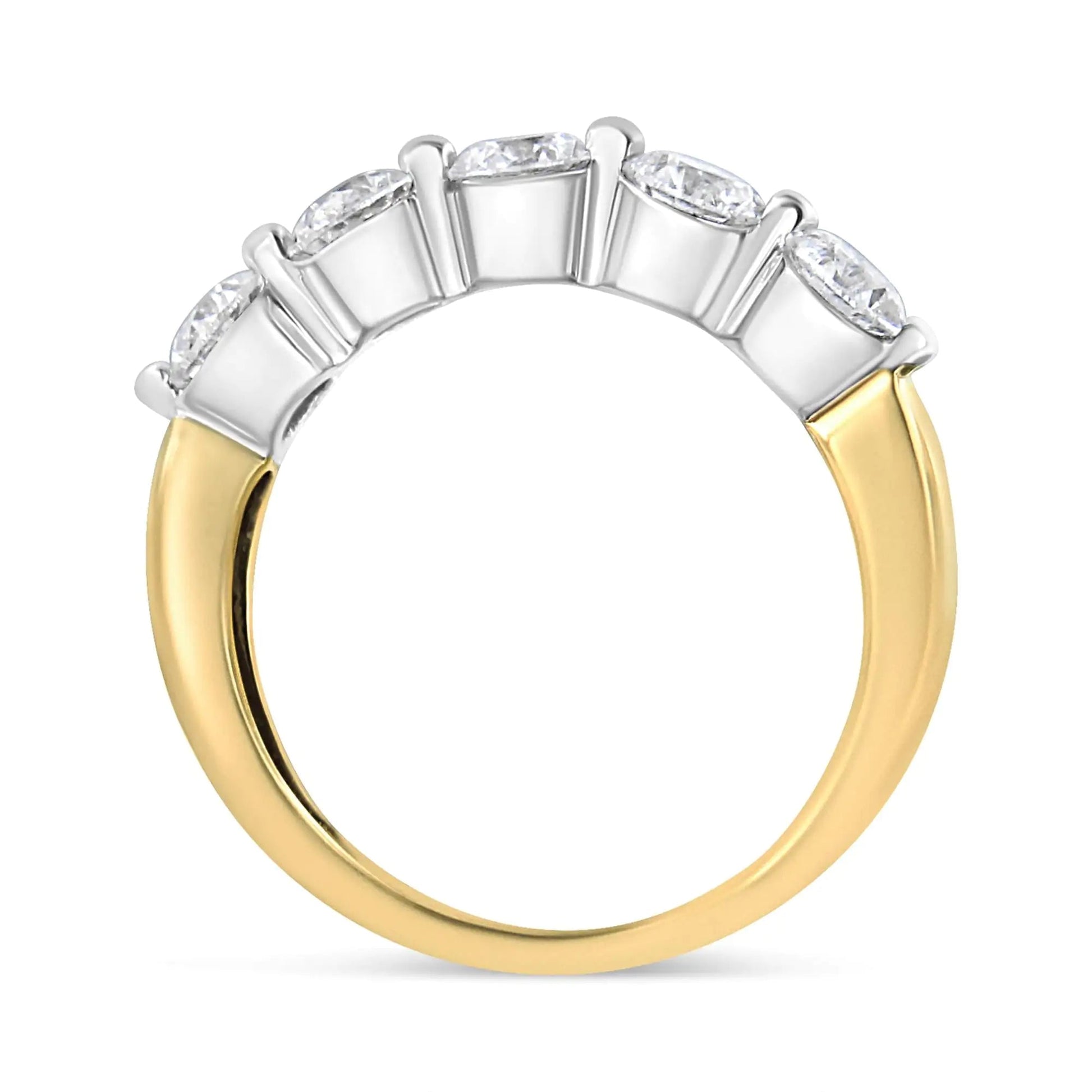 14K White and Yellow Gold 1 1/2 Cttw 2 Prong Cup Set Round-Cut Diamond 5 Stone Ring Band (H-I Color, SI2-I1 Clarity) WEM Support (www.WEM.support)