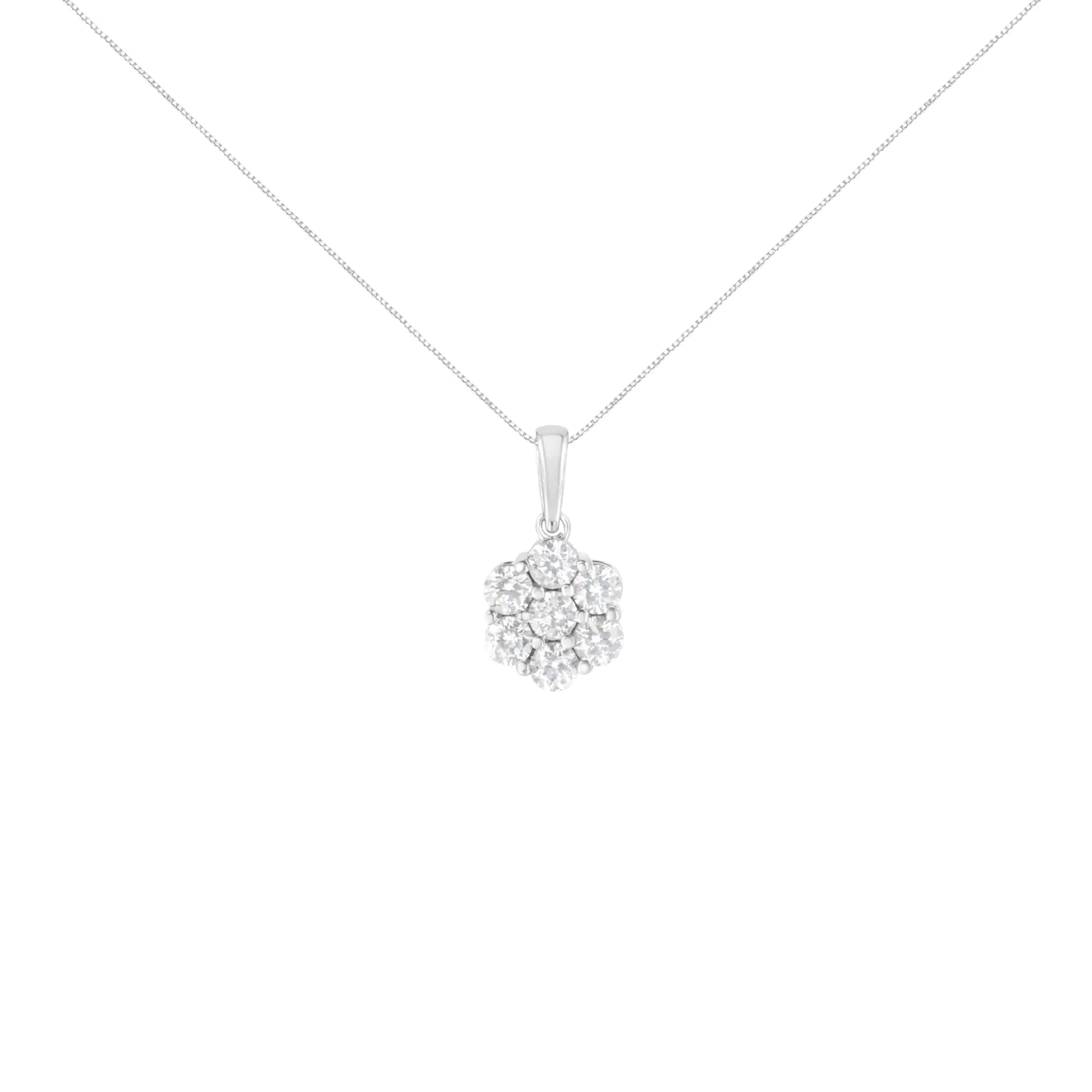 14K White Gold 2.00 Cttw Brilliant Round-Cut Diamond 7 Stone Flower Cluster 18" Pendant Necklace (H-I Color, SI2-I1 Clarity) WEM Support (www.WEM.support)