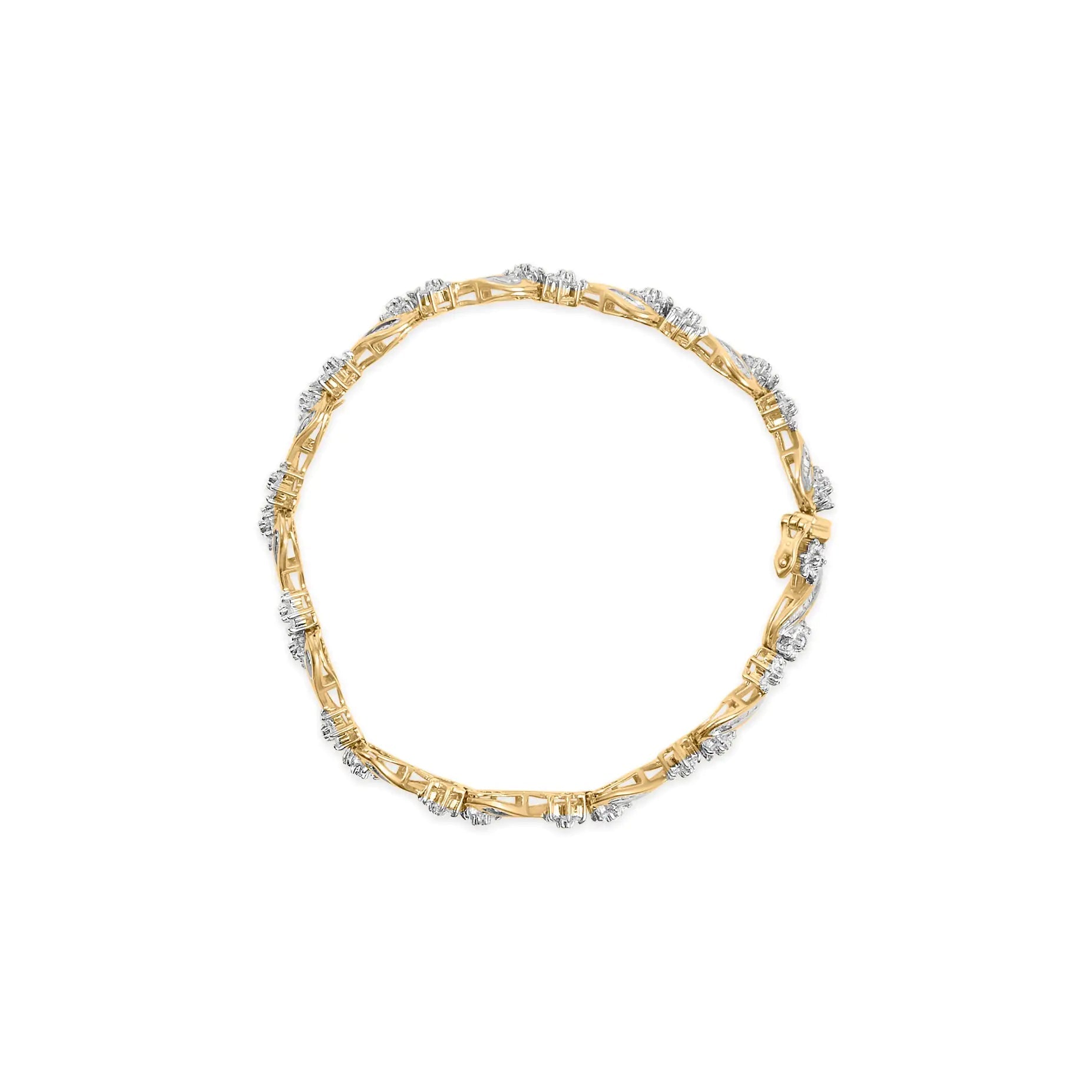 10k Yellow Gold 3.00 Cttw Round-Cut and Baguette-Cut Floral Link 7.25" Bracelet (I-J Color, I1-I2 Clarity) WEM Support (www.WEM.support)