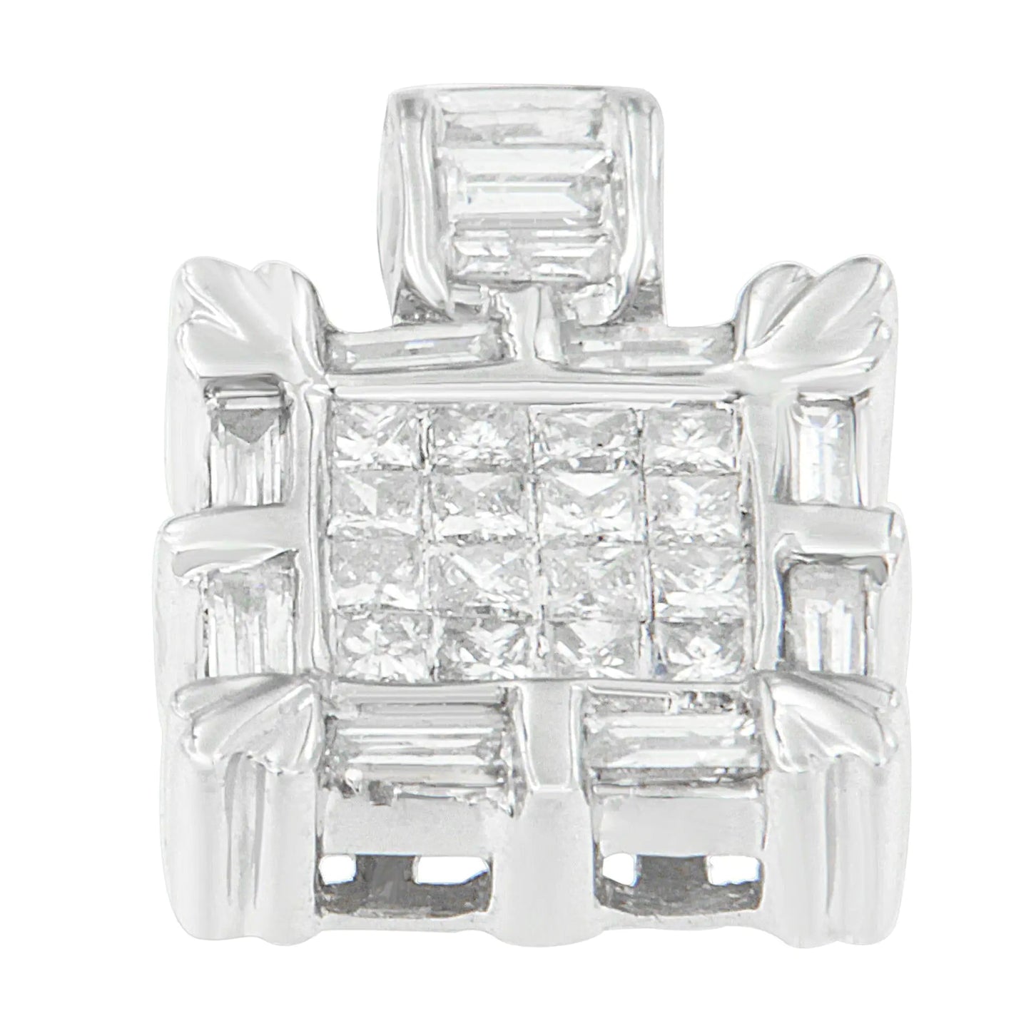 14K White Gold Baguette and Princess Cut Diamond Square Halo Pendant Necklace (3/4 cttw, H-I Color, SI2-I1 Clarity) WEM Support (www.WEM.support)