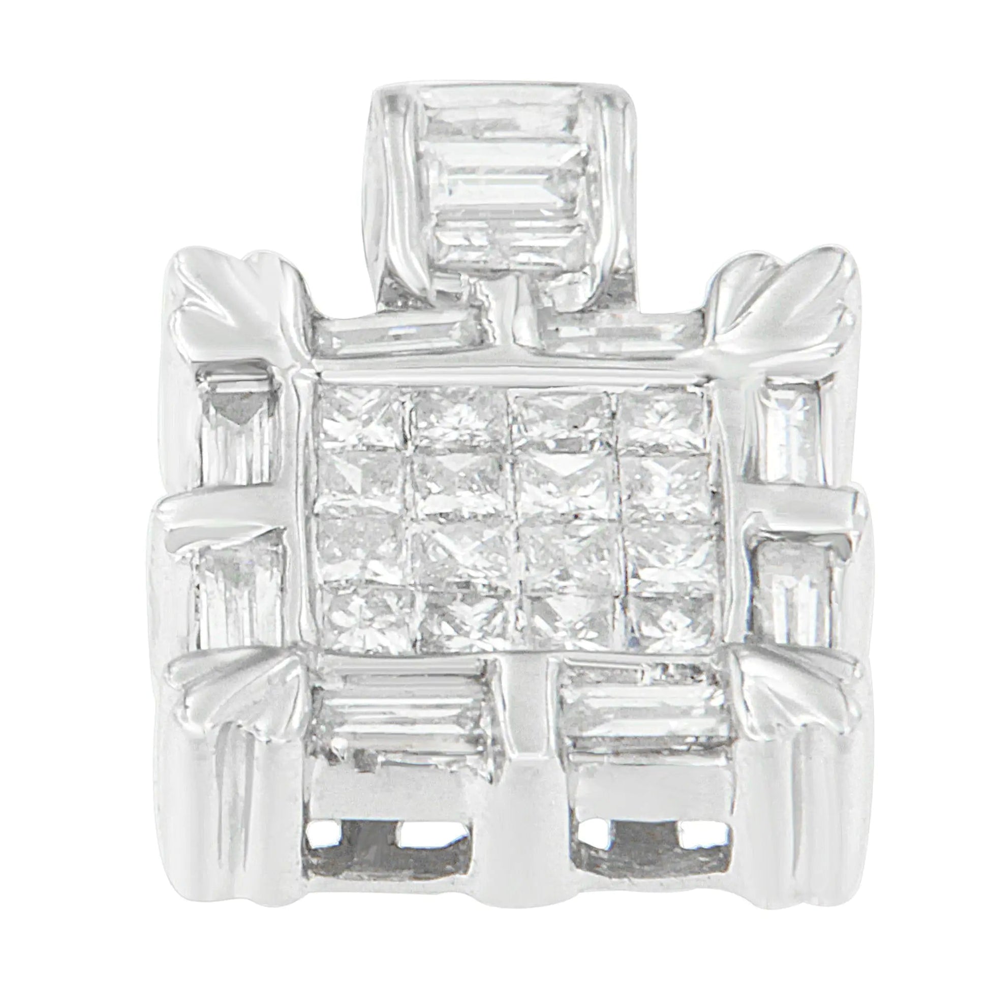 14K White Gold Baguette and Princess Cut Diamond Square Halo Pendant Necklace (3/4 cttw, H-I Color, SI2-I1 Clarity) WEM Support (www.WEM.support)