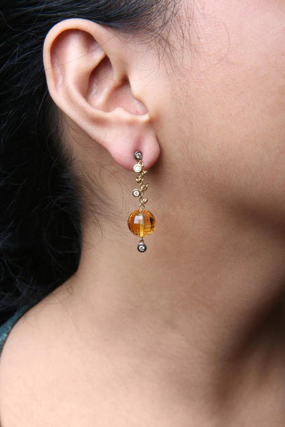 18K Yellow Gold 2/3 Cttw Round Bezel Diamond and 25mm Ball Shaped Yellow Citrine Gemstone Dangle Stud Earring (Brown and G-H Color, SI1-SI2 Clarity) WEM Support (www.WEM.support)