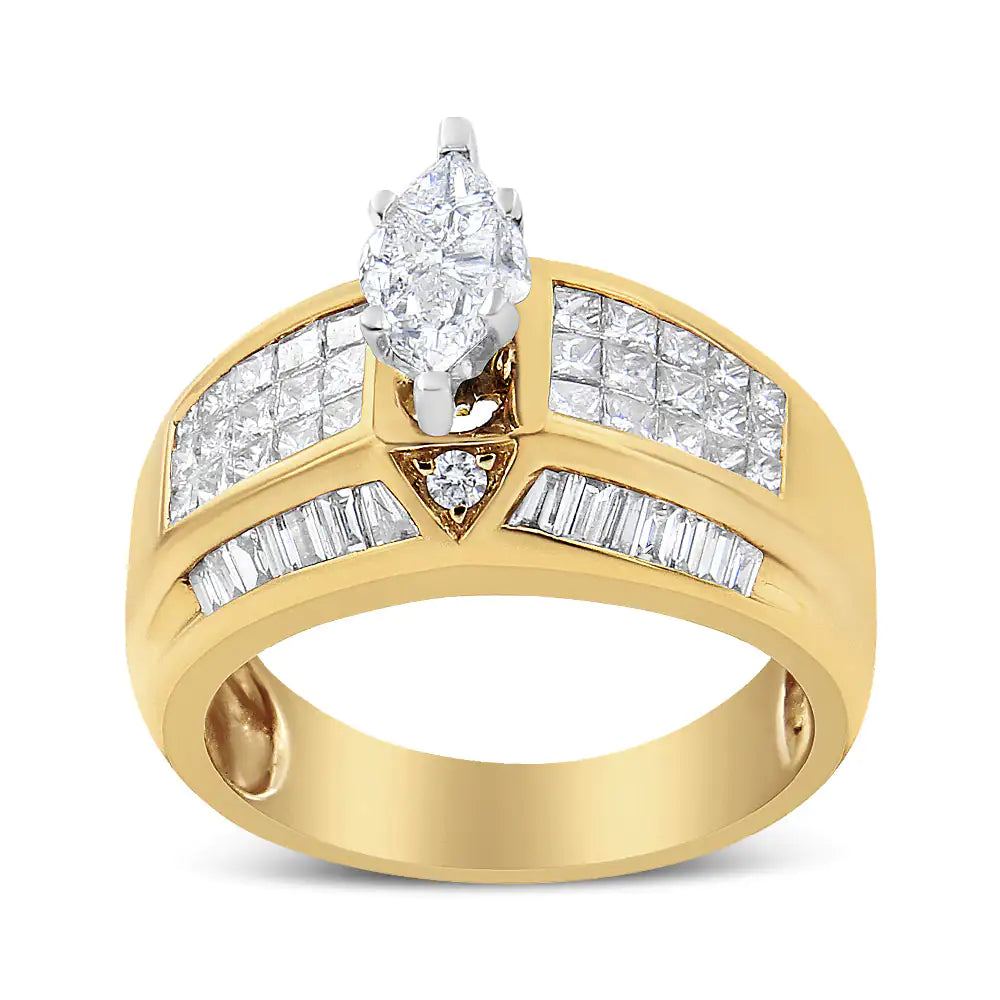 14K Yellow and White Gold 1 3/4 Cttw Round, Baguette, Princess and Pie-Cut Diamond Ring (H-I Color, SI1-SI2 Clarity) WEM Support (www.WEM.support)
