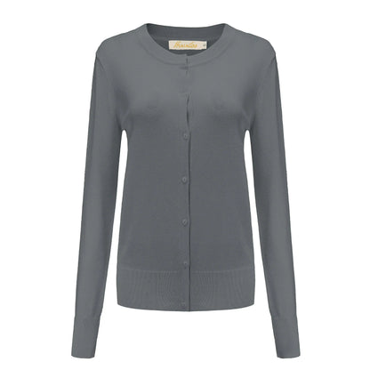 Women's Crew Neck Button Down Long Sleeve Cardigan Sweater Silver Grey XX-Large My Store