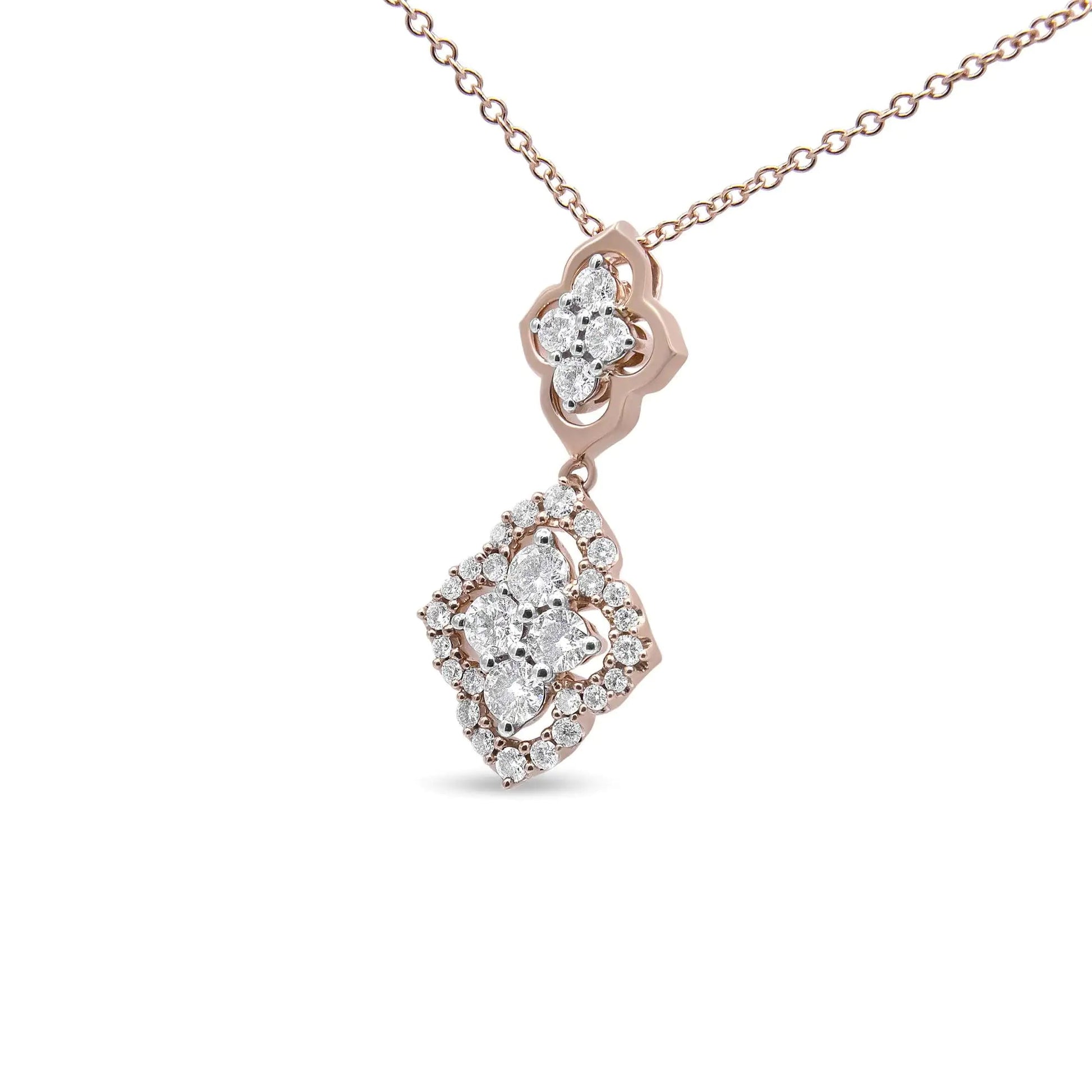 14K Rose Gold 3/4 Cttw Round Diamond Double Quatrefoil Pendant 18" Necklace (H-I Color, I1-I2 Clarity) WEM Support (www.WEM.support)