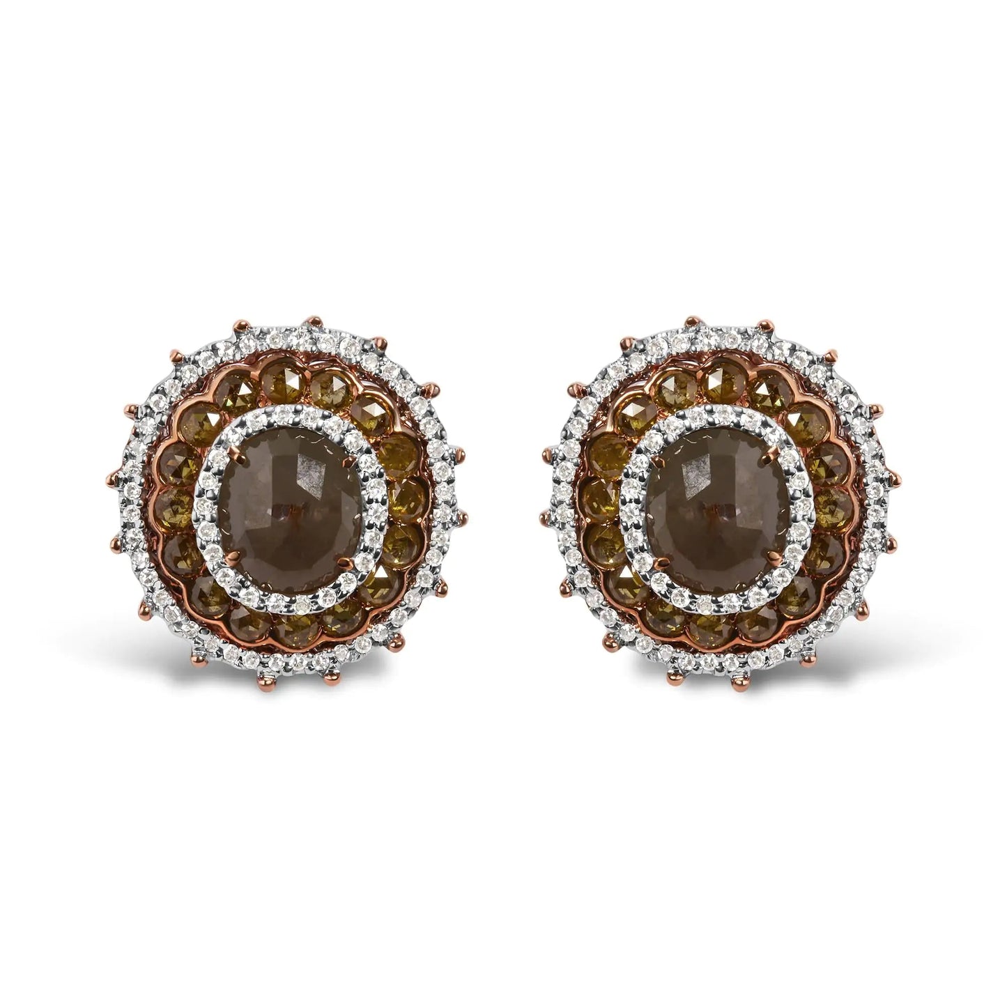 14K Rose Gold 3 1/2 Cttw Fancy Rose Cut Diamond Circle Shaped Triple Halo Stud Earring (Fancy Color, I2-I3 clarity) WEM Support (www.WEM.support)
