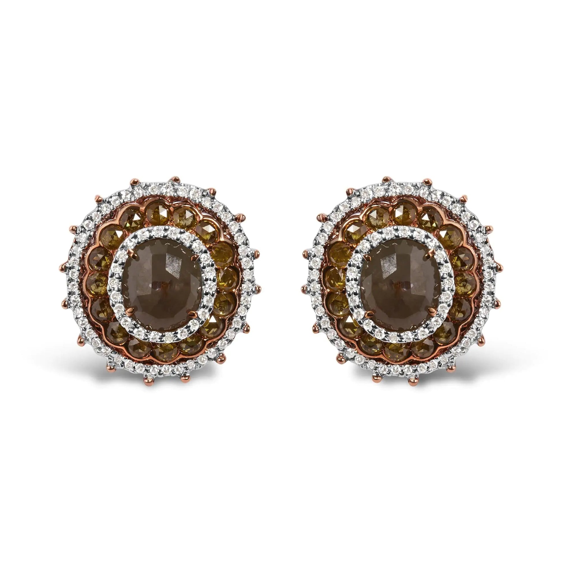 14K Rose Gold 3 1/2 Cttw Fancy Rose Cut Diamond Circle Shaped Triple Halo Stud Earring (Fancy Color, I2-I3 clarity) WEM Support (www.WEM.support)