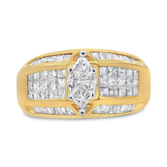 14K Yellow and White Gold 1 3/4 Cttw Round, Baguette, Princess and Pie-Cut Diamond Ring (H-I Color, SI1-SI2 Clarity) WEM Support (www.WEM.support)