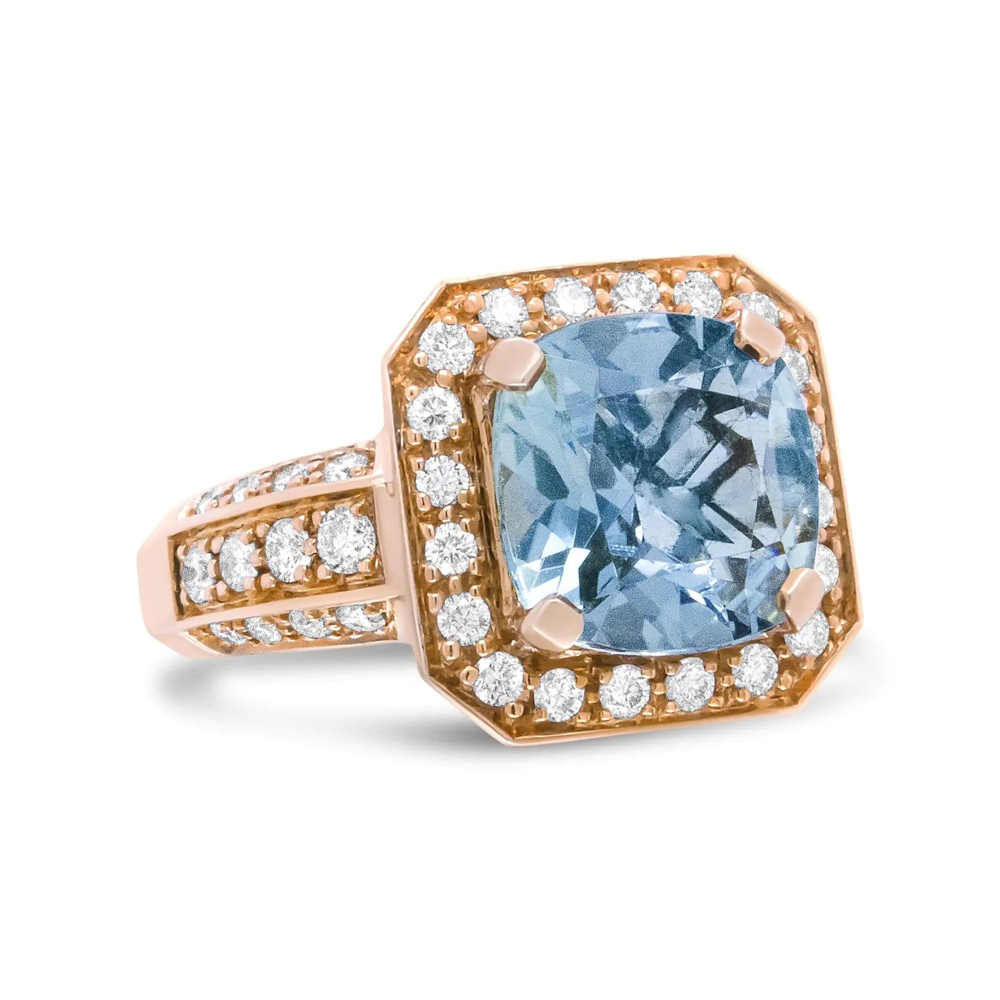 18K Rose Gold 10x10mm Cushion Shaped Aquamarine and 1 1/8 Cttw Round Diamond Halo Ring (F-G Color, VS1-VS2 Clarity) WEM Support (www.WEM.support)