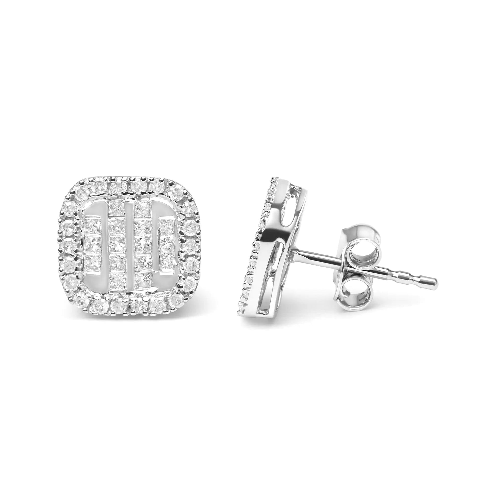 10K White Gold 7/8 Cttw Diamond Princess Composite and Halo Stud Earrings (I-J Color, I1-I2 Clarity) WEM Support (www.WEM.support)