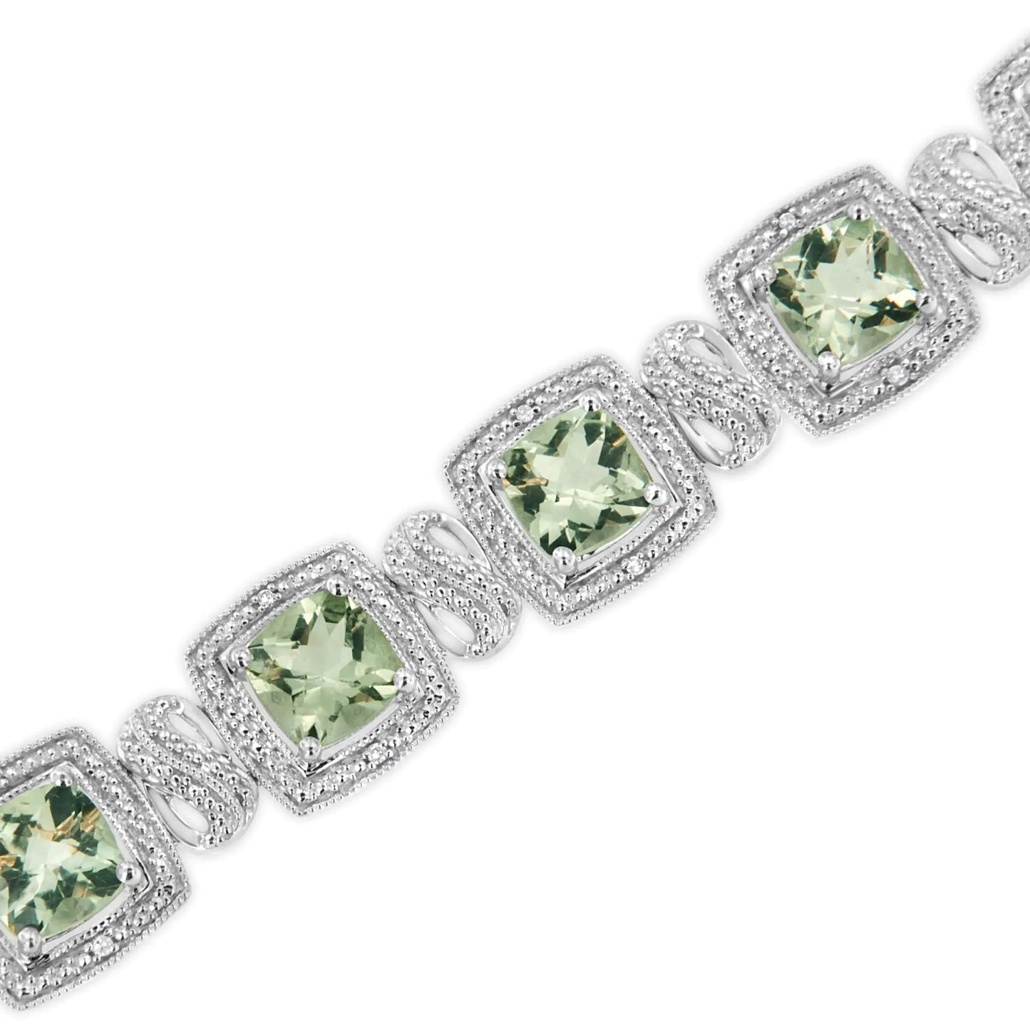 .925 Sterling Silver 7x7 mm Cushion Cut Green Amethyst and 1/10 cttw Single Cut Diamond Square Shape Tennis Bracelet (I-J Color, I1-I2 Clarity) - 7" WEM Support (www.WEM.support)