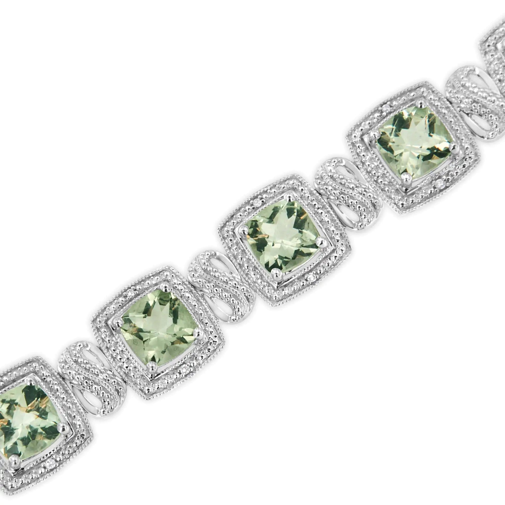 .925 Sterling Silver 7x7 mm Cushion Cut Green Amethyst and 1/10 cttw Single Cut Diamond Square Shape Tennis Bracelet (I-J Color, I1-I2 Clarity) - 7" WEM Support (www.WEM.support)