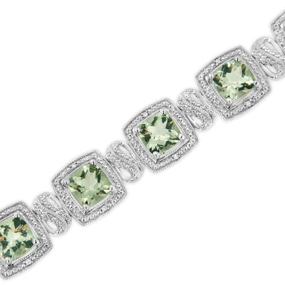 .925 Sterling Silver 7x7 mm Cushion Cut Green Amethyst and 1/10 cttw Single Cut Diamond Square Shape Tennis Bracelet (I-J Color, I1-I2 Clarity) - 7" WEM Support (www.WEM.support)
