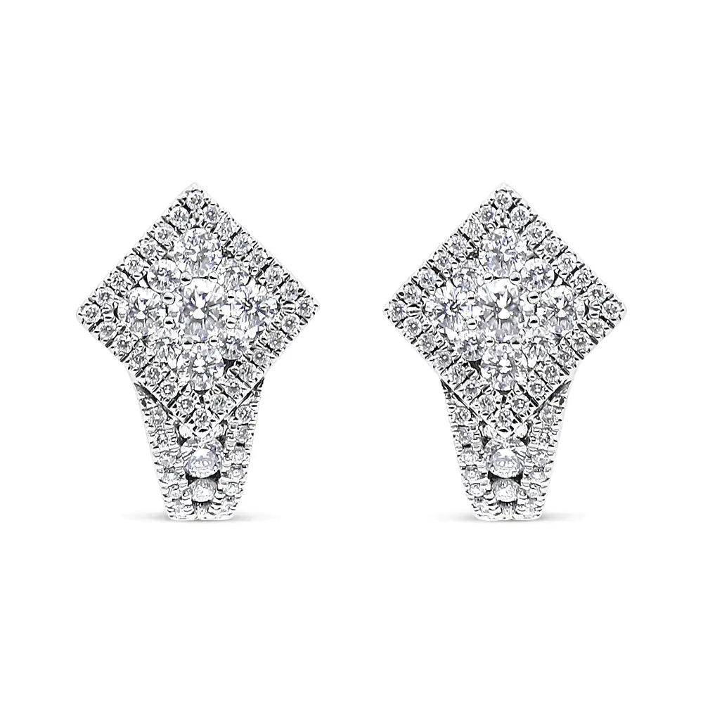 18K White Gold 1 1/10 Cttw Round Diamond Cluster with Halo Hoop Huggie Earring (F-G Color, VS1-VS2 Clarity) WEM Support (www.WEM.support)