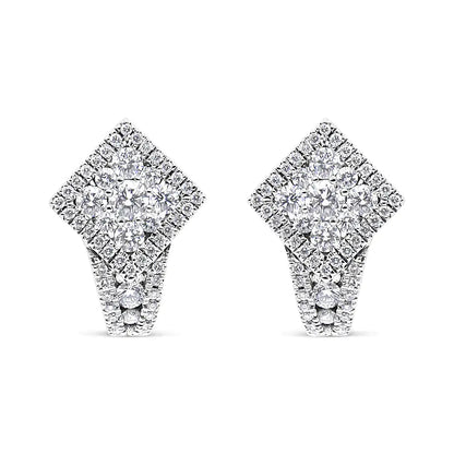 18K White Gold 1 1/10 Cttw Round Diamond Cluster with Halo Hoop Huggie Earring (F-G Color, VS1-VS2 Clarity) WEM Support (www.WEM.support)