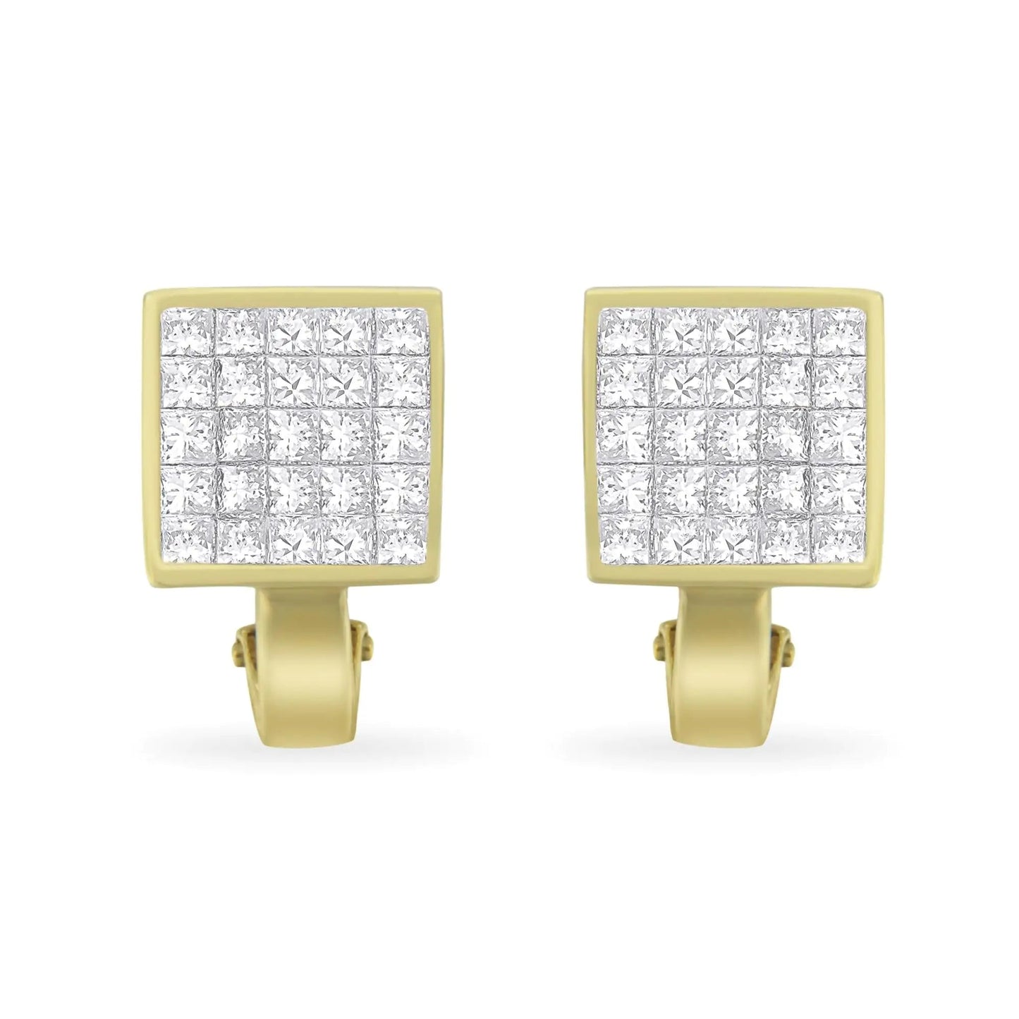 14K Yellow Gold 3-1/5 Cttw Princess Cut Diamond ¾ Square Invisible Set Grid Huggy Style Omega Back Stud Earrings (G-H Color, VS1-VS2 Clarity) WEM Support (www.WEM.support)