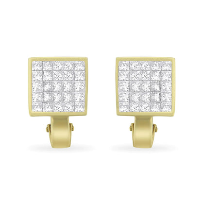 14K Yellow Gold 3-1/5 Cttw Princess Cut Diamond ¾ Square Invisible Set Grid Huggy Style Omega Back Stud Earrings (G-H Color, VS1-VS2 Clarity) WEM Support (www.WEM.support)