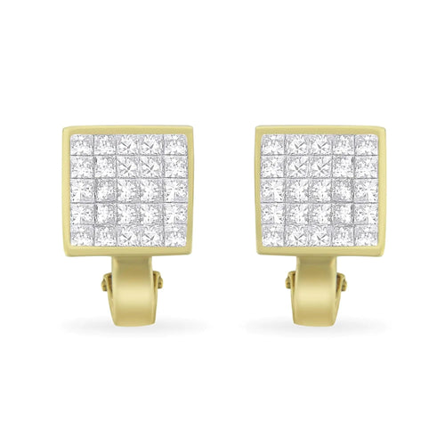 14K Yellow Gold 3-1/5 Cttw Princess Cut Diamond ¾ Square Invisible Set Grid Huggy Style Omega Back Stud Earrings (G-H Color, VS1-VS2 Clarity) WEM Support (www.WEM.support)