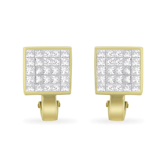 14K Yellow Gold 3-1/5 Cttw Princess Cut Diamond ¾ Square Invisible Set Grid Huggy Style Omega Back Stud Earrings (G-H Color, VS1-VS2 Clarity) WEM Support (www.WEM.support)