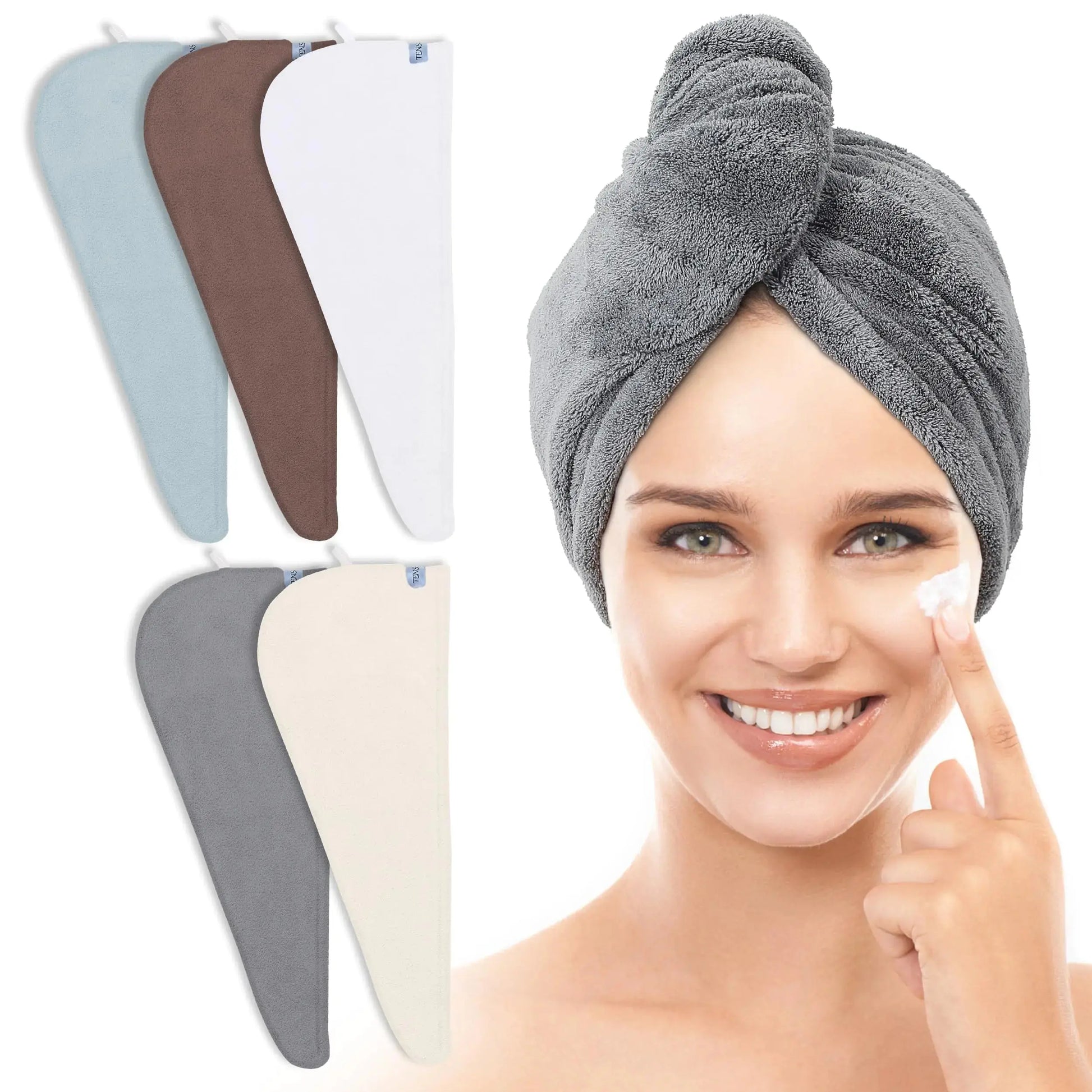 TENSTARS 5 Pack Thicken Microfiber Hair Towel Wrap for Women - Elastic Loop Design - 320GSM Coral Velvet - Quick Dry Hair Turban - 11x28 Inch (Cream+White+Brown+Light Teal+Grey, 5) Cream+white+brown+light Teal+grey TENSTARS Hair Towel Pack My Store