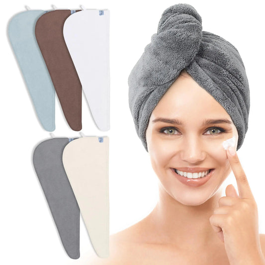 TENSTARS 5 Pack Thicken Microfiber Hair Towel Wrap for Women - Elastic Loop Design - 320GSM Coral Velvet - Quick Dry Hair Turban - 11x28 Inch (Cream+White+Brown+Light Teal+Grey, 5) Cream+white+brown+light Teal+grey TENSTARS Hair Towel Pack My Store