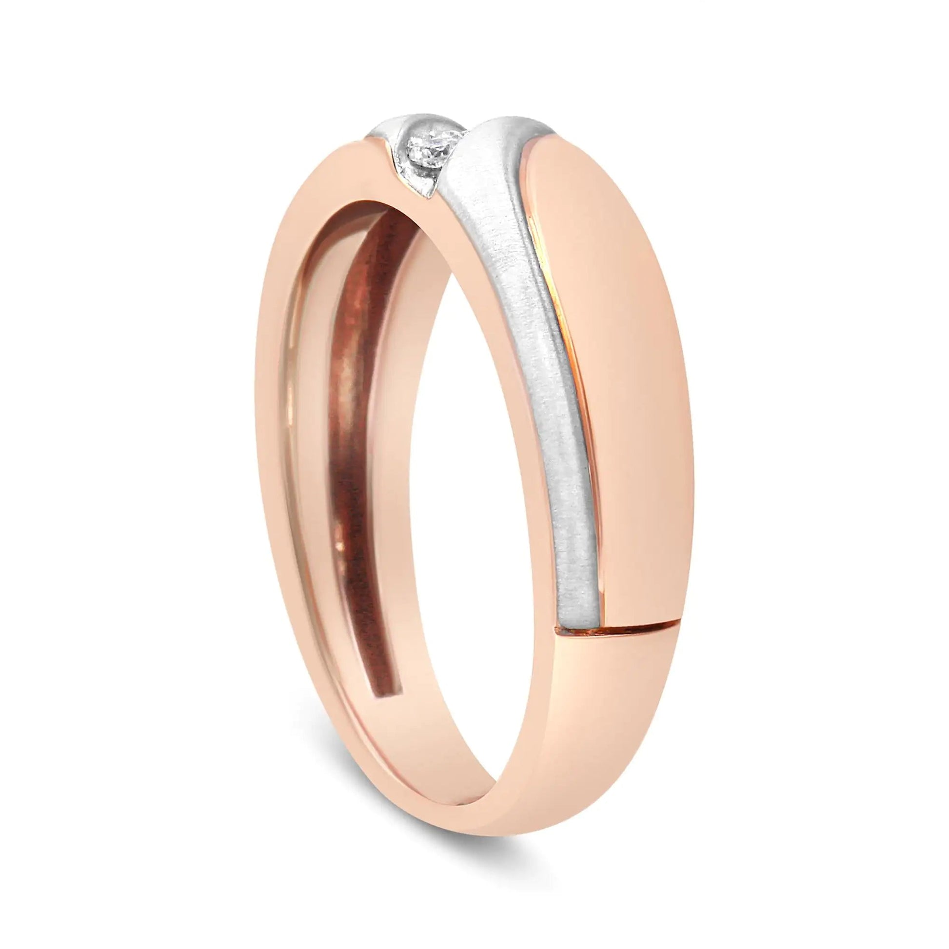 10K White and Rose Gold 1/10 Cttw 3-Stone Tension Slant Band Matte Finish Ring for Men (I-J Color, I2-I3 Clarity) WEM Support (www.WEM.support)