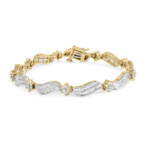 10K Yellow and White Gold 3.00 Cttw Diamond Cluster and Wave Link Bracelet (I-J Color, I1-I2 Clarity) - 7.25" WEM Support (www.WEM.support)