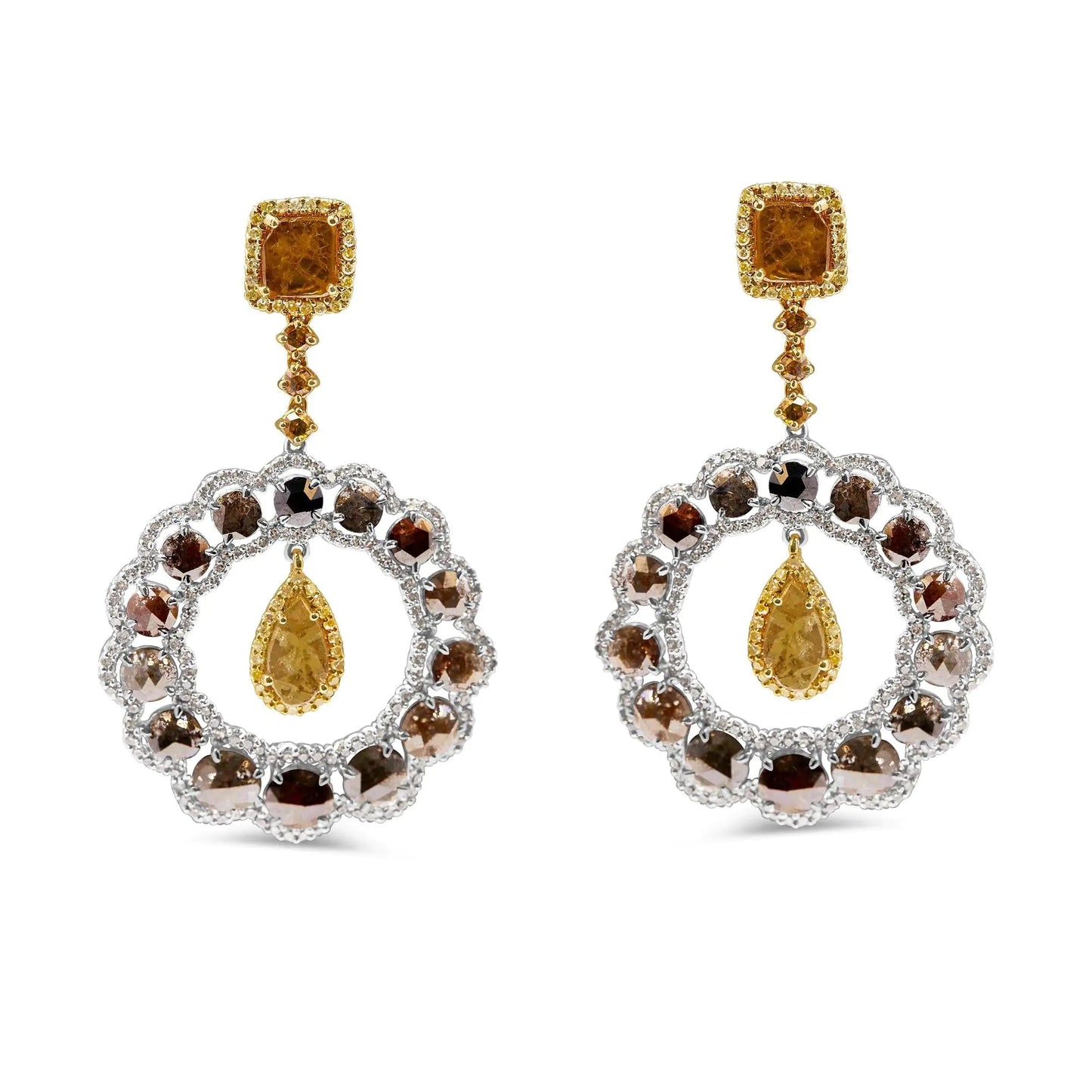 14K White and Yellow Gold 10.0 Cttw Mixed Natural Fancy Diamond Dangle Hoop and Bale Earrings (Yellow Color, I1-I2 Clarity) WEM Support (www.WEM.support)
