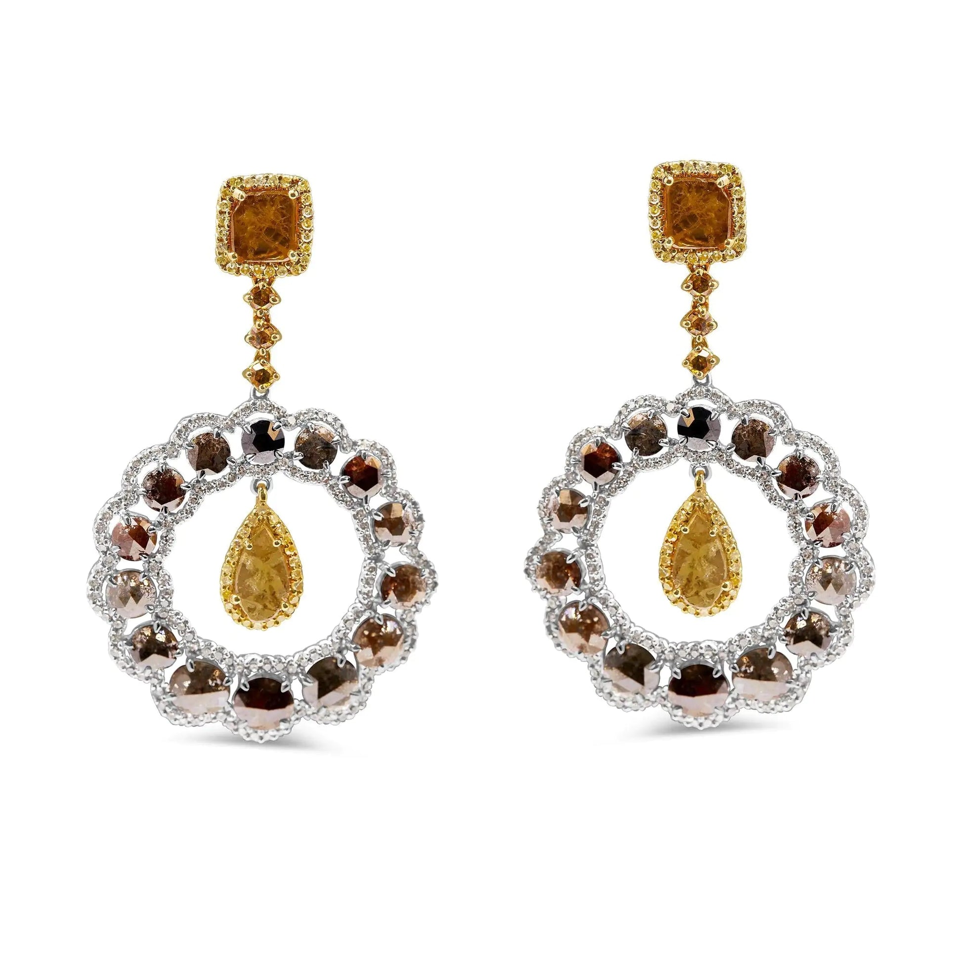 14K White and Yellow Gold 10.0 Cttw Mixed Natural Fancy Diamond Dangle Hoop and Bale Earrings (Yellow Color, I1-I2 Clarity) WEM Support (www.WEM.support)