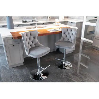 Swivel Velvet Barstools Adjusatble Seat Height From 25-33 Inch Gray Set Of 2 WEM Support (www.WEM.support)