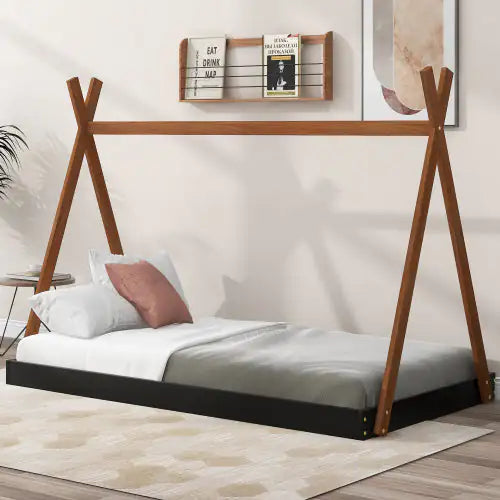 Twin Size Tent Floor Bed With Triangle Structure, Black Brown WEM Support (www.WEM.support)