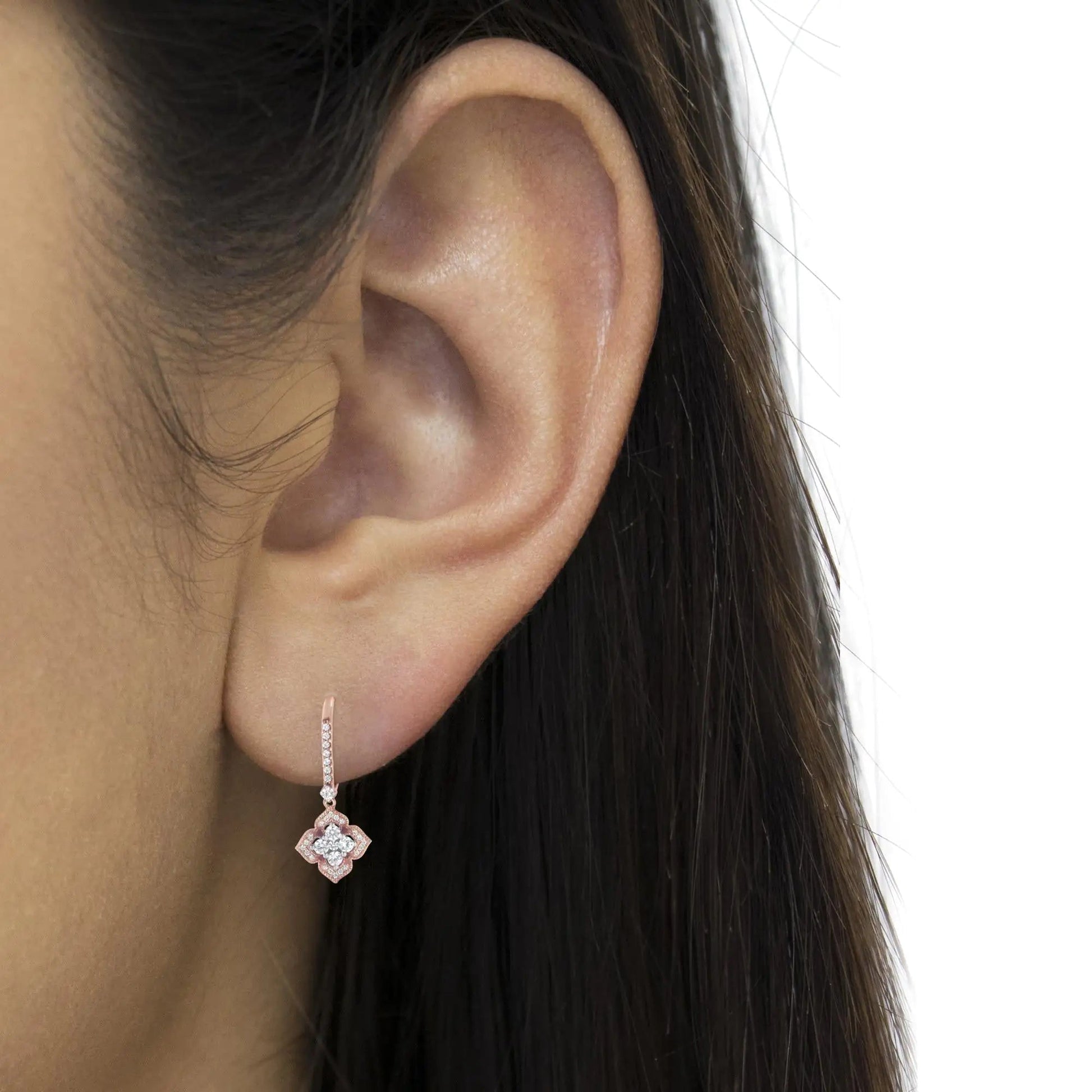 10K Rose Gold 3/4 Cttw Diamond Flower Drop Dangle Earring (I-J Color, I1-I2 Clarity) WEM Support (www.WEM.support)