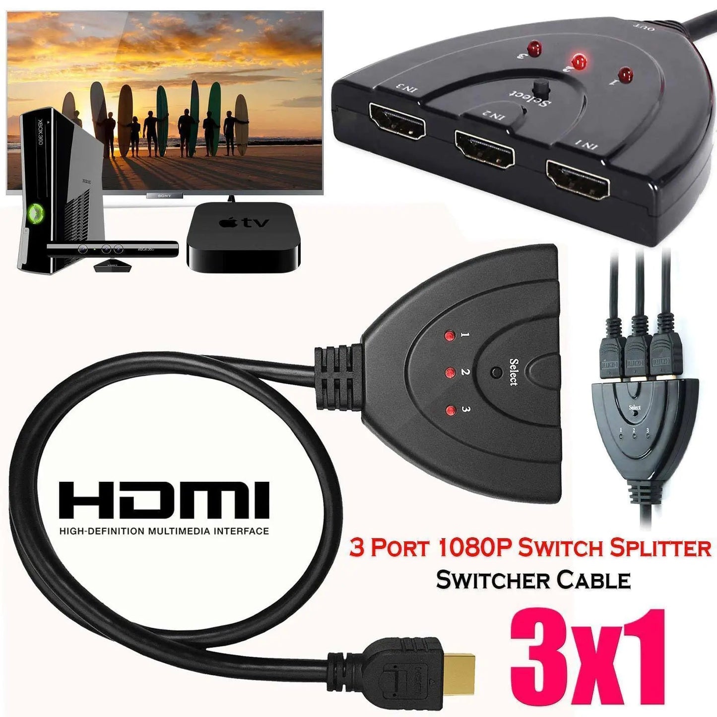 3 Port HDMI Splitter Cable 1080/4K Switch Switcher HUB Adapter for HDTV PS4 Xbox WEM Support (www.WEM.support)